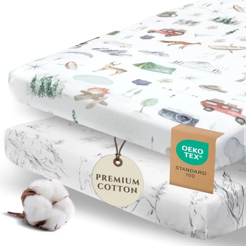 Image of Pobibaby 2 Pack Pack N Play Sheets for Boys - Premium Cotton Blend Fitted Playard Sheet, Soft Breathable Mini Crib Sheets Boy, Playpen Mattress Cover for Standard Travel Playards 38x26 (Explore)