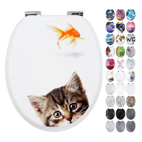 Fanmitrk Abattant de WC avec système d'abaissement automatique - Stable et ne bouge pas - Noyau en bois MDF - Montage facile - Nombreux motifs (chat)