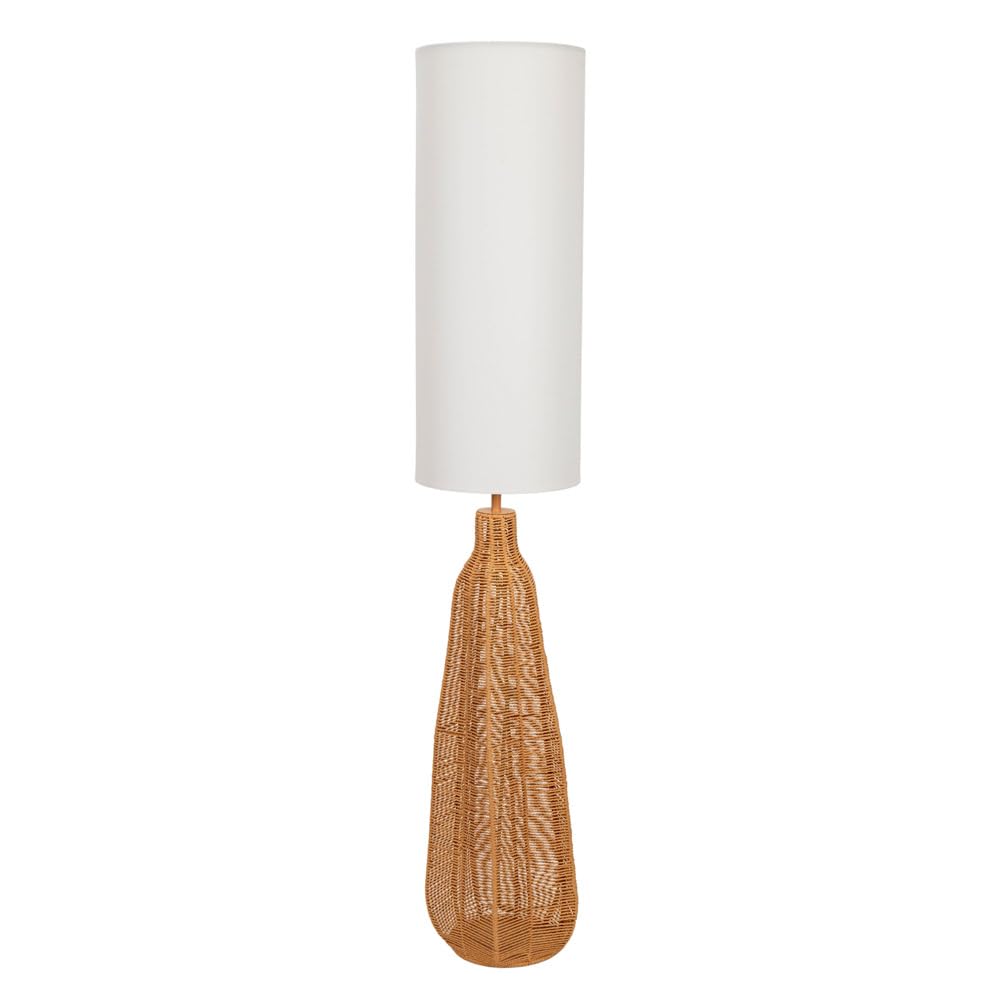ValueLights Una White Rattan Midi Floor Lamp - Natural Drum Shade - LED Bulb