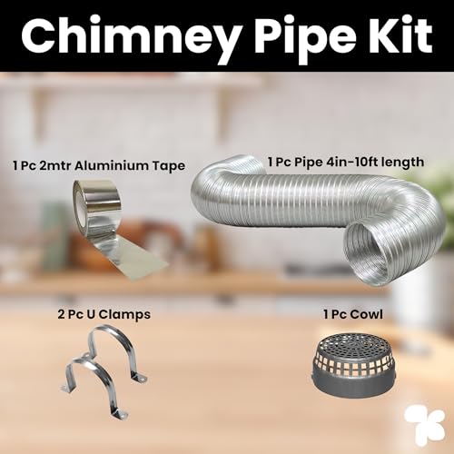 Image of AMPEREUS 4-Inch 10 feet Chimney Duct Kit | Aluminium Exhaust Pipe with Cowl Cover, Clamp & Tape | Portable Kitchen Chimney Ventilation Pipe