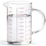 Luvan Taza Medidora de Vidrio 1000ml/4 Tazas Con 3 Escalas (Ml/Oz/Copa), Alto Borosilicato, Apta Para Lavavajillas/Congelador/Microondas