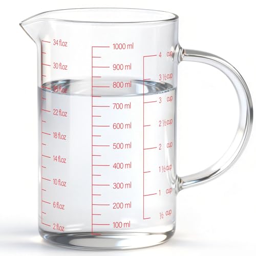 Luvan 1000 ml Messbecher aus Glas, leicht ablesbar mit 3 Messskalen (ml/oz/Tasse), isoliertem Griff und V-förmigem Ausguss, hoher Messbecher aus Borosilikatglas, ideal für Küche oder Restaurant