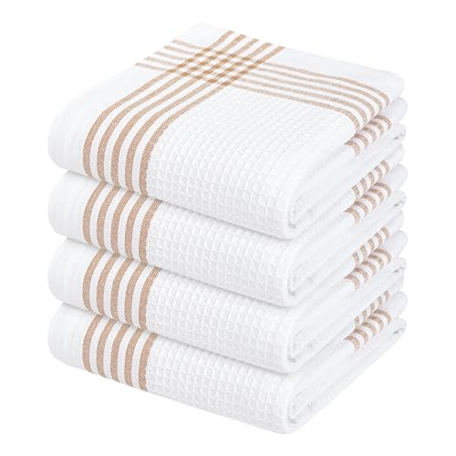 Image of Waffle White & Brown 4 Pack Kitchen Towels Set, 100% Cotton, 16x26 inches, Professional Quality Cleaning Towel for Bar, Home, Restaurant Use, Absorbent Dish Cloths for Drying Dishes
