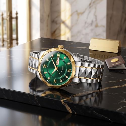 Image of GOLDENIZE FASHION Luxury Analog Roman Numeral Date Display Diamond Pattern Classics Stainless Steel Wrist Watch for Men