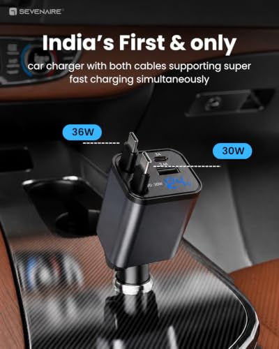 Image of Sevenaire Retractable Car Charger [Ultra-Compact], 93W 4 in 1 Car Charger with Dual USB C Cables 36W + 30W PD PPS SFC 2.0, Retractable Cables, Compatible for iPhones, iPad, Galaxy, Pixel