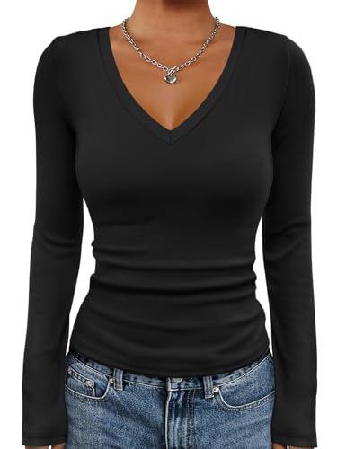 ATHMILE Womens Fall Deep V Neck Long Sleeve Shirts Modal Slim Fit Basic Tee Tops 2025 A-Black