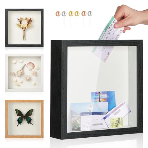 MUXIUNT Travel Adventure Challenge Archive Shadow Box Picture Frame with Slot,8x8In Travel Ticket Card Memory Box for Keepsake Box, Top Loading Shadow Box Display Case Travel Decor Gift (Black,8x8)
