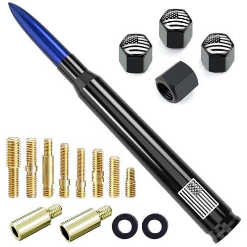 Image of Car Truck Bullet Antenna with Tire Valve Caps American Flag Universal Short Replacement for GMC Sierra Chevy Silverado Dodge Ram 1500 2500 3500 Ford F150 F250 F350 Super Duty Raptor Accessories Blue