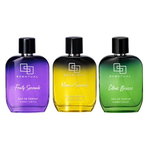 Image of Scentual Citrus Breeze, Mimosa Serenity & Fruity Serenade Eau De Perfum For Men & Women | Modern Lifestyle Long Fragrance Gift 10.2 oz Total (Pack of 3, 100ml Each)