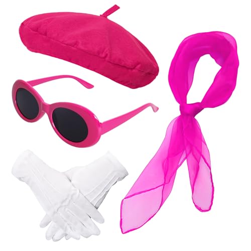 5 Pcs French Rose Beret Hat Set Women Costume Accessories Including Scarf Gloves Beret Hat Sunglasses for Halloween (Rose)
