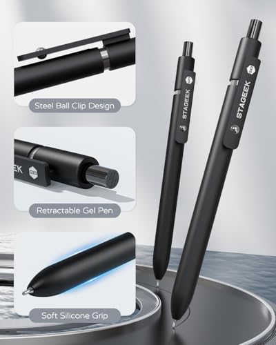 Image of STAGEEK 12 Pcs GX3 Black Gel Pens, Quick Dry Smooth Writing, with 3 Refills | Black Ink Pens, 0.7mm Fine Point, Retractable, Office, School Supplies, Journaling & Note Taking, for Nurses, Teachers