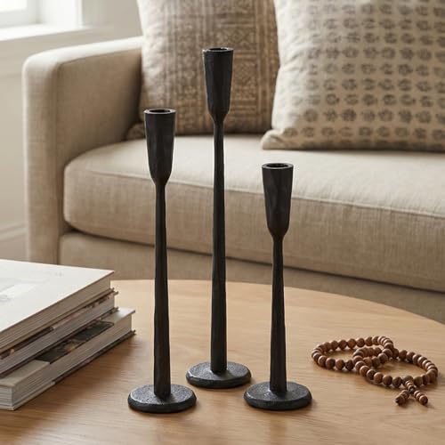 Ganwu Black Iron Taper Candle Holder Set of 3, Heavy Wrought Iron Candlestick Holders Decorative Candle Stand, Vintage Candle Holder for Wedding, Dining, Home Decoration