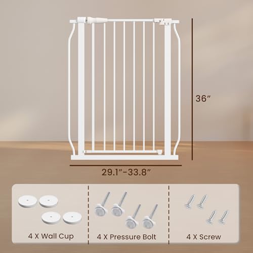 ELEVON Baby Gate for Stairs Doorways, 29.1–33.8\" Extra Wide 36” Tall Dog Gate with Auto-Close, Pressure Mounted Walk Through Pet Gate, White