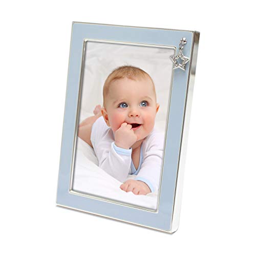 MIMOSA MOMENTS Silver Plated Metal Baby Picture Frame with Blue Enamel and a Star Charm(4×6, Silver & Blue)