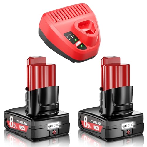 Image of 2Pack 8.0Ah Replacement for Milwaukee M12 Battery Charger Kit 12V Lithium Batteries with LCD Display Compatible with 12 Volt 48-11-2420 48-11-2401 48-11-2402 48-11-2430 48-11-2440 Cordless Power Tools