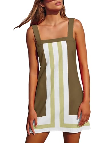 Image of Womens Summer Casual Color Blocked Dresses Striped Mini Dress Sleeveless Strap Beach Sundress Cover Up Dresses