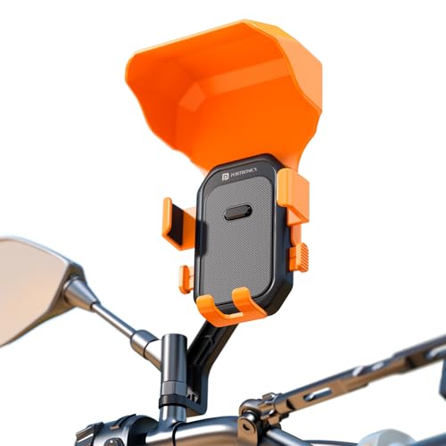 Portronics Mobike 5 Plus Mirror Mount Mobile Holder with Sunshade & Light Rain Protection, One-Press Release, 360° Rotation, 4-Point Grip Lock, Fits 5