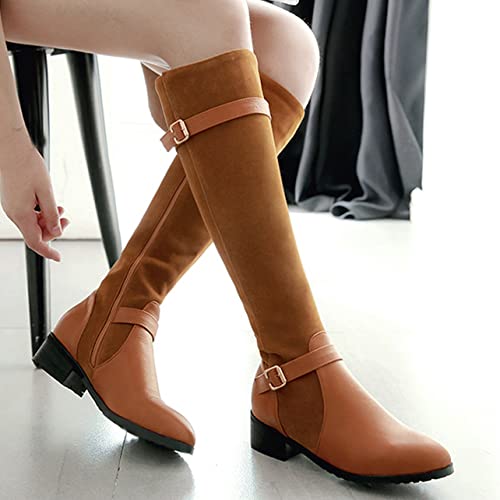 UniqueStride Womens Chunky Low Heel Knee High Riding Boots Buckle Zip up Flat Boots4