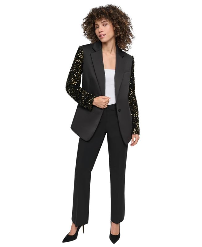 DKNY Womens Sequinned-Sleeve Single-Button Blazer Black Bronze 10
