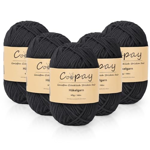 Coopay Wolle zum Häkeln, 225g (5x45g) Weiches Häkelgarn, 5 Faiding Wolle zum Stricken, Babywolle zum Häkeln für Anfänger, Super Weich Häkelgarn Babywolle für Häkel- und Strickprojekt - Schwarz