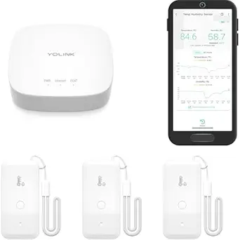 YoLink Smart Wireless Thermometer Hygrometer, 3-Pack, Wide Temp Range for Freezer, Fridge, Green House, Pet Cage, App Alerts, Emails, Text/SMS alerts, 5 Years Battery Life- Hub Included