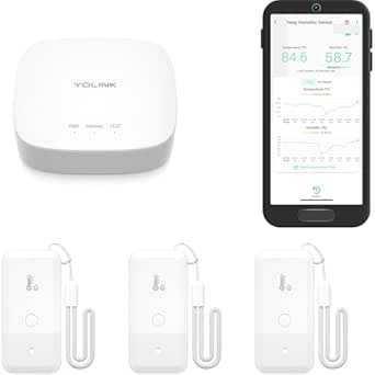 YoLink Smart Wireless Thermometer Hygrometer, 3-Pack, Wide Temp Range for Freezer, Fridge, Green House, Pet Cage, App Alerts, Emails, Text/SMS alerts, 5 Years Battery Life- Hub Included