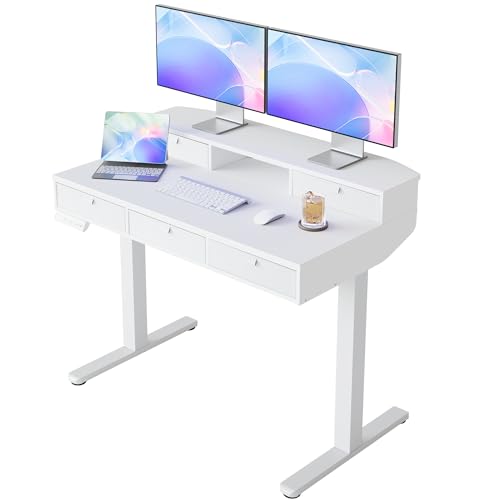 HUANUO 100 x 60 cm Höhenverstellbarer Schreibtisch mit Schubladen, kompatible C-Klemme-Halterung, Schreibtisch Höhenverstellbar mit 4 Gedächtnis-Höheneintellungen