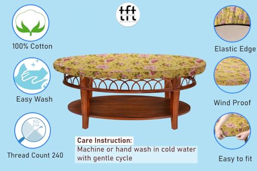 Image of The Furnishing Tree Elastic Cotton Oval Center Table Cover 16x36 in Inches Floral Pink Rose on Yellow Base