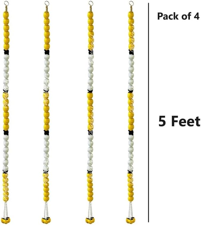 Divyakosh White and Yellow Marigold/Genda Flower Multipurpose Wall Hanging Pack of 4 Strings, Artificial Flower Latkan for Temple, Festival-Diwali/Ganpati Pooja Door Decor - 5 Feet, White_Yellow -4