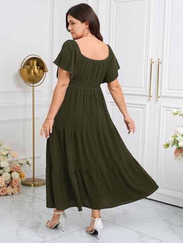 Image of SCOMCHIC Womens Plus Size Maxi Dress Formal Short Sleeve Square Neck Smocked Side Split Flowy A Line Tiered Long Dress