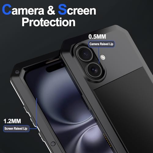 Marrkey for iPhone 16 Metal Case 6.1",Heavy Duty Shockproof Aluminum Alloy Tough Armour Military Grade Phone Case,360 Full Body Protective Cover with Silicone Built-in Screen Protector - Black - Image 6