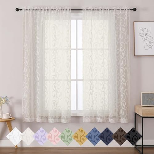 WelvetBLK Sheer Ivory Curtains for Bedroom Living Room 63 Inch Length 2 Panels Set, Soft Airy Light Filtering Geometric Jacquard Clip Curtains Drapes, Modern Rod Pocket, Ivory, 2Pcs 42" Wx63 L Inch