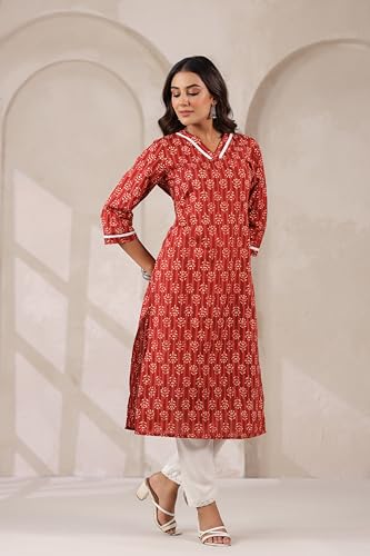 Image of Ichaa Women's Pure Cotton A-Line Ethnic V-Neck Kurta with 3 /4th Sleeve for Daily and Office Wear, in Plus Sizes