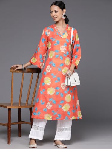 Image of Varanga Women Orange Floral Printed V-Neck A-Line Kurta with Side Slits