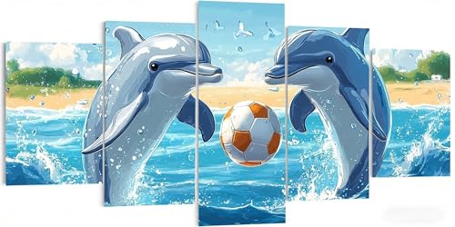 5 Piezas Delfín Diamond Painting Kit Completo 100x60cm, Set 5D Diamond Painting Adultos Fútbol, Mosaico Bordado de Cristal, Relajante y DIY Manualidades, Arte Decoración de Pared del Hogar W5-452