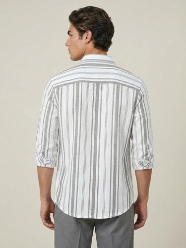 Image of Urbano Fashion Men's Cotton Full Sleeve Relaxed Fit Linen Striped Shirt with Spread Collar