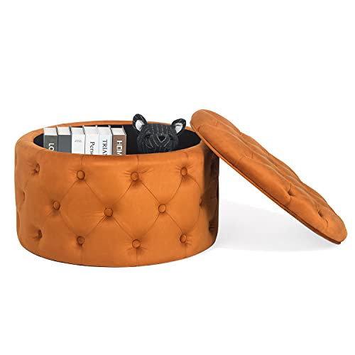 Adeco Modern 24.8 Inch Orange Round Storage Ottomans Chair, Button Tufted Upholstered Ottoman Footstool With Storage For Living Room Bedroom #TOP4