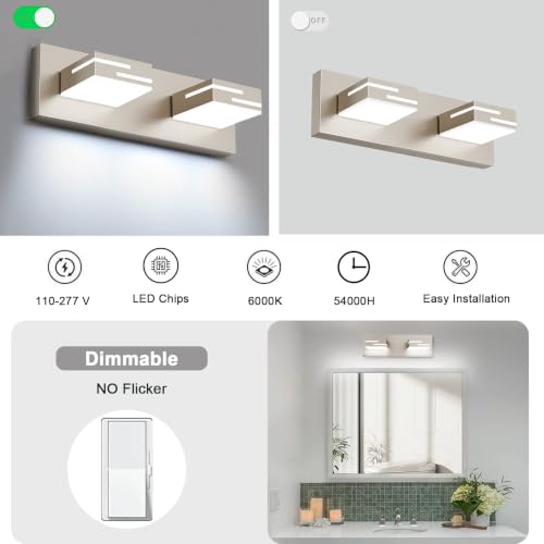 Image of LED Modern Bathroom Vanity Light Fixtures, Dimmable Brushed Nickel Vanity Lights for Bathroom Lighting Fixtures Over Mirror, with 360 Rotatable Acrylic Heads 2-Light 16-inch (Cool White 6000K)