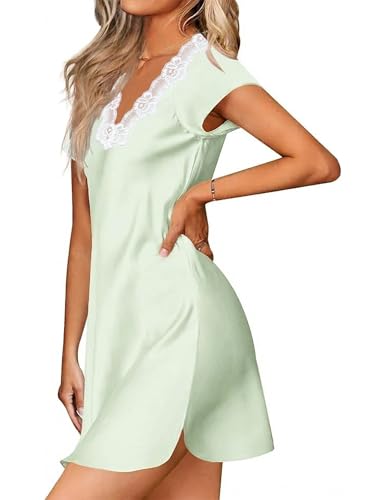 Image of Ekouaer Satin Nightgowns for Women Lace Nightgown Short Sleeve Nightshirt | Satin Night Gowns Women Sexy, Short Sleeves Night Dress, Lace V Neck, Above Knee Length, Cocktail Dates,Bridal Nightgowns