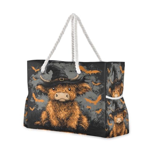 Large Beach Bags Totes Canvas Tote Shoulder Bag Highland Bull Bat Water Resistant Bags for Gym Travel Daily