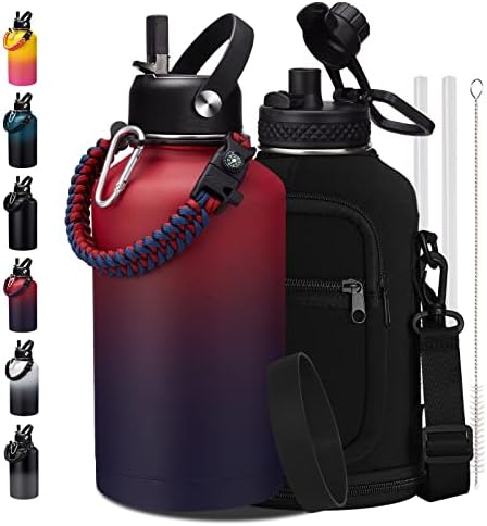 64OZ Stainless Steel Water Bottles - Half Gallon Water Bottle with Straw Lids, Reusable Vacuum Insulated Water Jug w/ Carrier Bag, Leak Proof Metal Waterbottle for Sports Gym Workout Travel Hiking