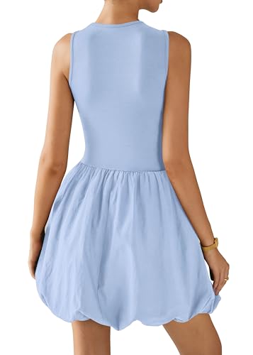Image of KIRUNDO Summer Dresses for Women 2026 Cute Mini Sleeveless Bubble Dress | Stretchy Ruched Front Cinched Waist, Woven Balloon Skirt, Crewneck Tank Sundress With Pockets, Casual Party Vacation Outfits