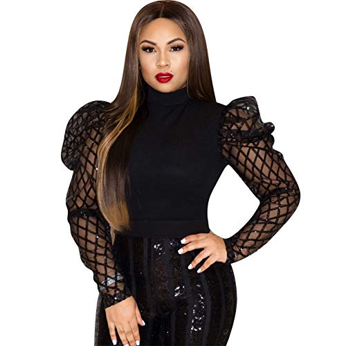 acelyn Women's Elegant Sequin Mesh Sheer Puff Long Sleeve Mock Neck Slim Fit Party Blouse Shirt Top2