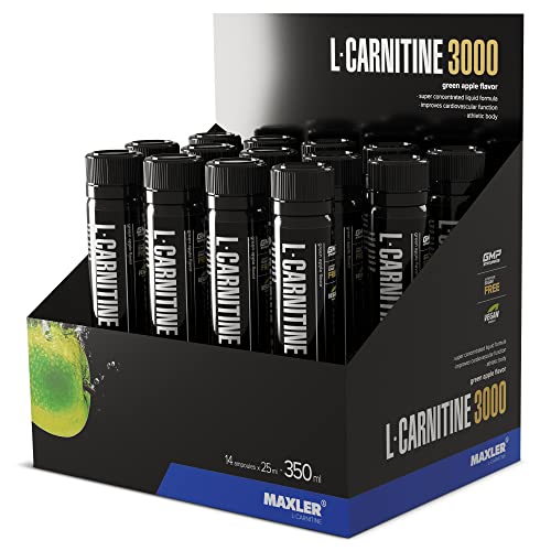 Maxler L-Carnitine 3000 - Grüner Apfel - 14x25ml - Hochdosiertes L Carnitin Liquid - Vegane Nahrungsergänzuing - 3000mg Wirksotff pro Portion - 14 Portionen