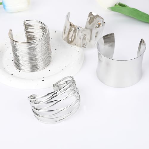 4 Pcs Chunky Gold Bracelets for Women, Adjustable Open Wide Gold Bangles Set, Chunky Bracelets for Women, Punk Style Stackable Gold Arm Cuff Jewelry for Layered Look (Gold, Silver)4