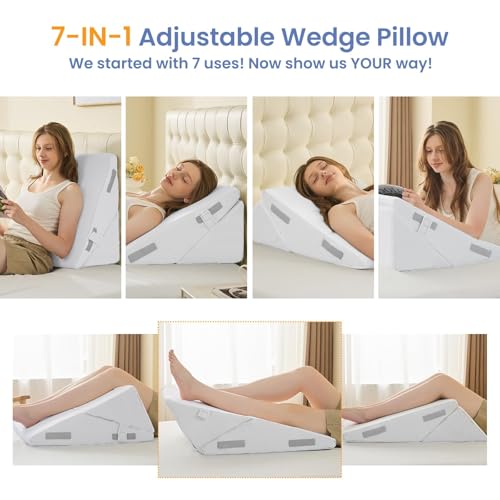 Image of Sasttie Wedge Pillow for After Surgery, Adjustable Bed Wedge Pillow Headboard for Acid Reflux, Sleeping, Neck & Back Support, with Removable Cover, White