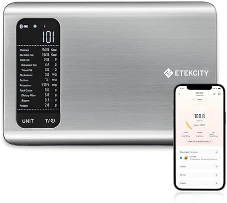 Etekcity Smart Food Kitchen Scale with Nutritional Calculator, Free App with 19 Nutrients Tracking, Calorie, Marco, Digital grams and ounces for weight loss, Premium Stainless Steel, 11lb
