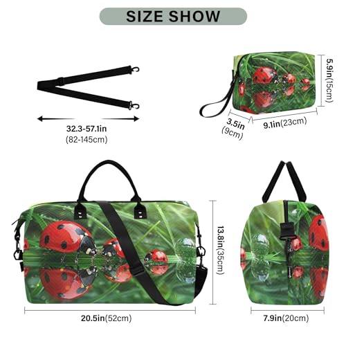 Ladybugs Droplet Grass Green Duffel Bag for Travel Toiletry Bags Set of 2, Funny Luggage Set Weekend Bag Duffel3