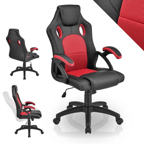 Juskys Chaise de Bureau Montreal Racing réglable en Hauteur de manière Ergonomique et rembourrée avec Une capacité de Charge de 120 kg (Rouge) (52D x 47L x...