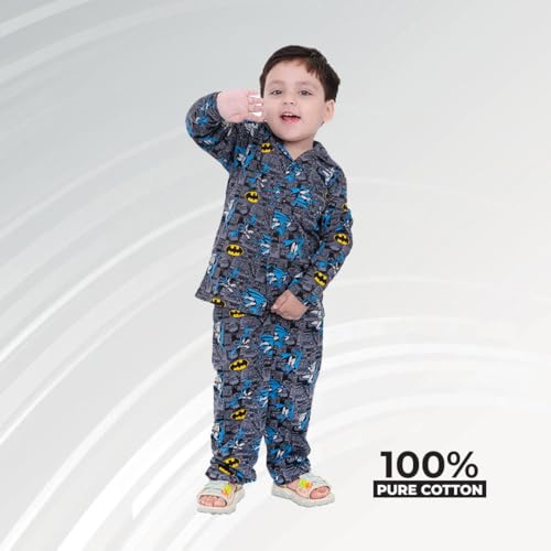Image of TONY & JONY Summer Casual Wear Self Design Cartoons Printed Full Sleeve 100% Pure Cotton Kid's Top Bottom Set /Night Suit